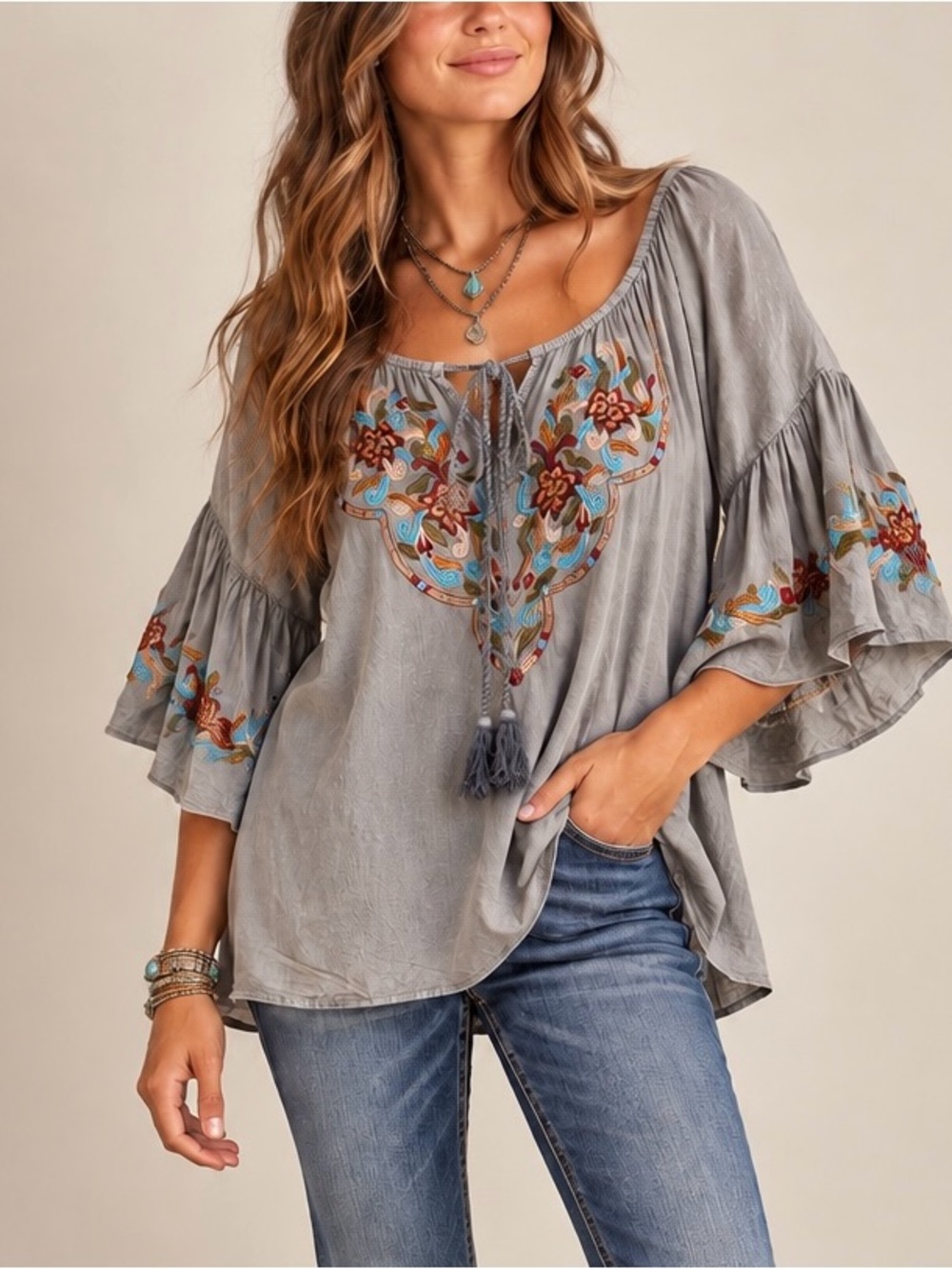 Honey Creek by Scully Boho Off-The-Shoulder 2-Way Peasant Blouse Top 2XL